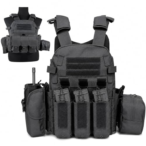 Veasunverse Tactical Vest for Airsoft & Paintball, Adjustable MOLLE Vest with Hook & Loop Panels for Outdoor Training & Hunting Chaleco Táctico(Black)