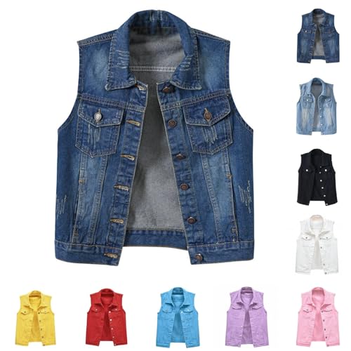 JiXiang Denim Vest Top for Women 2025 Trendy Plus Size Sleeveless Jean Jacket Comfy Casual Classic Cute Cropped Jackets Coats - Main Image
