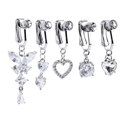Mikovivi 5pcs Clip on Belly Button Rings, Copper Fake Belly Rings for Women Round Heart Butterfly Diamond Faux Body Piercing Jewelry for Women (Silver)