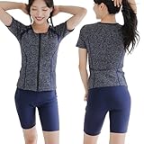 [ＺＡＩＤＥＡ] 大きいサイズ フィットネス 水着 レディース セパレート 半袖 上下セット めくれ防止 スクール UVカット ファスナー 袖付 体型カバー カップ付 (LL, ネイビー)