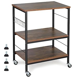 Nightstands, Industrial Microwave Oven Stand Kitchen Baker’s Rack End Table 3 Tier Storage Shelf with 10 Hooks for Living Room, Kitchen, Bathroom, Cafe(Rustic Brown)