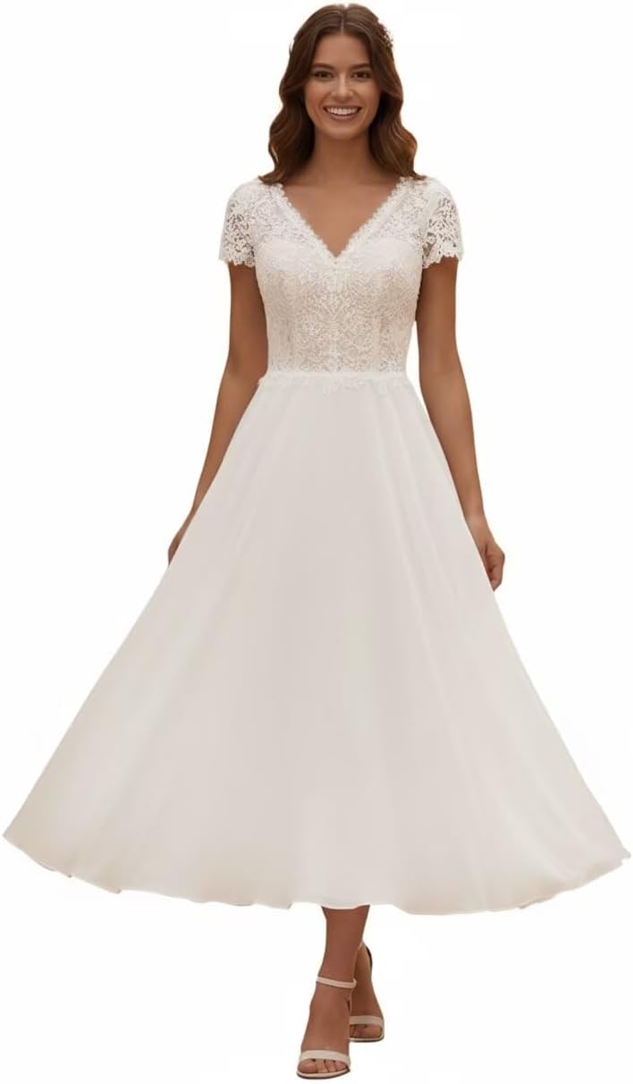 Scoop Lace Short Wedding Dresses for Bride Tea Length 3/4 Sleeves Satin Bridal Gowns HS002 Scoop Lace Short Wedding Dresses for Bride Tea Length 3/4 Sleeves Satin Bridal Gowns HS002