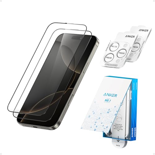 Anker HD Screen and Lens Protectors for iPhone 16 Pro (2-Pack), 6.3-Inch Ultra-Thin, Durable, and Clear Tempered Glass, Fast and Easy Installation, Scratch and Impact Resistant, 12-Month War
