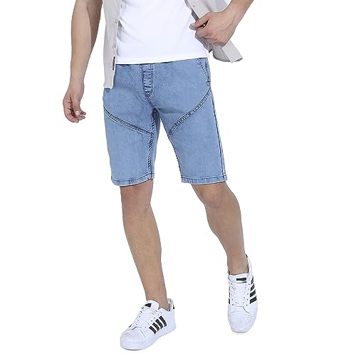 Image of CAHOOT Men's Side-Striped Denim Shorts for Casual Wear | Dark-Wash | Regular Fit | Button Closure | Denim Shorts Crafted with Comfort Fit for Everyday Wear