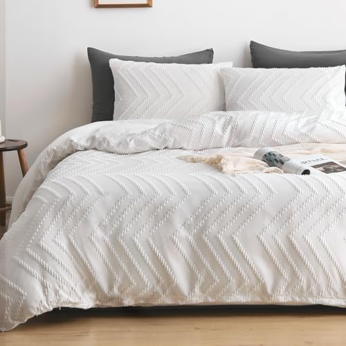 WARMDERN Boho Duvet Cover Set, Tufted Bedding Duvet Covers Soft Washed Microfiber Duvet Cover King Size, 3 Pieces Embroidery Shabby Chic Duvet Cover with Zipper Closure(White, King)