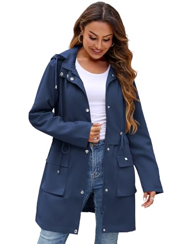 Mixxmix Rain Jacket Womens Waterproof with Hood Travel Rain Coats Lightweight Windbreaker Outdoor Rain Trench Coat Navy Blue L