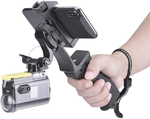 2in1 Ergonomic Portable Action Camera+Smartphone SYN Hand Grip Stabilizer Combo Mount Video Vlogging Rig Holder Kit for GoPro Hero 11 iPhone Interview Travel YouTube Tiktok Streaming-Mic+Light Adapter