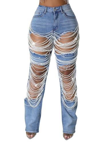 XZLUFNY Pearl Chain Jeans for Women Ripped Distressed Destroyed Party Denim Pant