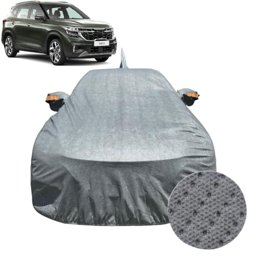 Image of Car Cover Compatible For Kia Seltos (2019-2025) | 100% Waterproof Cover with Antenna & REFLECTIVE Mirror Pockets | Dustproof, Scratchproof, Heatproof Seltos Car Cover|Soft Cotton Lining| GREY