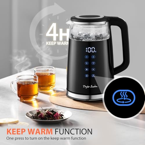 Taylor Swoden Electric Kettle with Temperature Control, Digital Display Double- Walled Insulated Kettle Cordless, Keep Warm Automatic Shut-Off Boil Dry Protection, Glass Kettle Black, 1.7L 2200W - 5