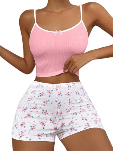 Image of Hilinker Womens Graphic 2 Piece Pajama Set Summer Cute Crop Cami and Shorts Ribbed Lounge Sets