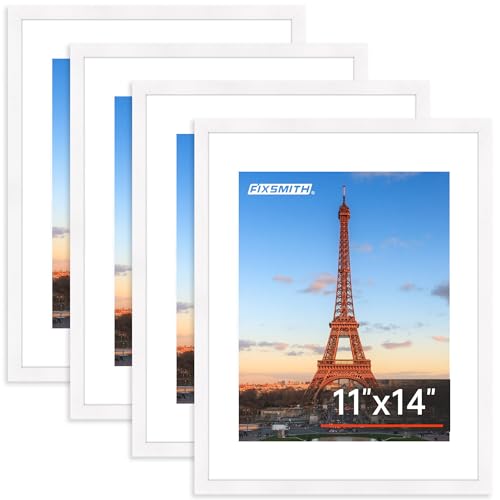 Image of FIXSMITH 11x14 Picture Frame Bulk-4 Pack, Photo Frame with HD Plexiglass, Display Pictures 8x10 with Mat or 11x14 Without Mat, White Picture Frames Collage Wall Decor, Gallery Wall Frame