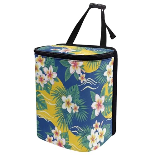 Image of Talayituse Plumeria Palm Leaf Print Car Trash Bin, Large Size Auto Trash Can Adjustable Portable Garbage Can with Lid, Vehicle Hanging Bag for Headrest Front Back Seat