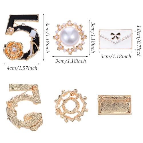 Image of Number Five Brooch, Celebrity Designer Inspired Flower Brooch Pin Gift Set, Lucky Number Five Brooches with Imitation Pearl Vintage Imitating Pearl Rhinestone Crystal Brooch Pin for Women for Wedding