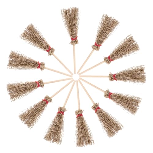 Gogogmee 12pcs Miniature Witch Broom Micro Landscape Decoration Mini Brooms for Crafts Witch Hat and Broom Natural Craft Broom Miniature Straw Broom Straw Brooms Wizard Flying Broom Wooden