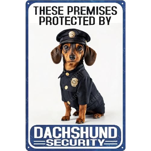 CAEJCCL Vintage Metal Sign These Premises Protected By Dachshund Security Tin Signs Aluminum Sign for Home Garden Yard Wall Decor 8×12 Inch