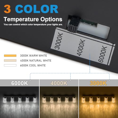 Image of SineRise Bathroom Vanity Light with 3 Color Modes (3000K /4000K /6000K), Eye Protection LED Bathroom Light Fixture, Dimmable Modern Wall Light Over Mirror with Clear Glass Shade (Black, 5-Light)