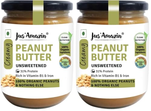 Image of Jus' Amazin Creamy Peanut Butter - Unsweetened (500g) | 31% Protein | Single Ingredient - 100% Organic Peanuts (no Added Sugar /Salt) | Dairy Free | Keto | Clean Nutrition (Pack of 2)