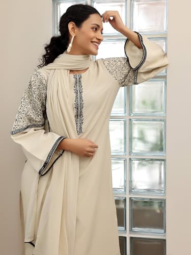 Image of Beige Solid Straight Kurta with Floral Embroidered Sleeves with Solid Palazzo and Dupatta | Ethnic wear | Bridal Suit | Wedding Dress | Occasion wear