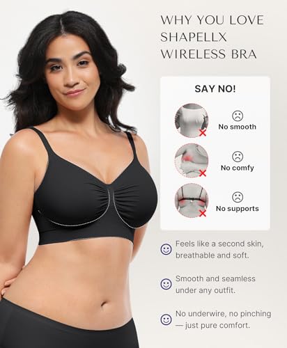 SHAPELLX Wireless Comfy Bra for Women Seamless Bra Non Padded Soft Bralette V Neck Everyday Bras with 4 Rows of Hooks2