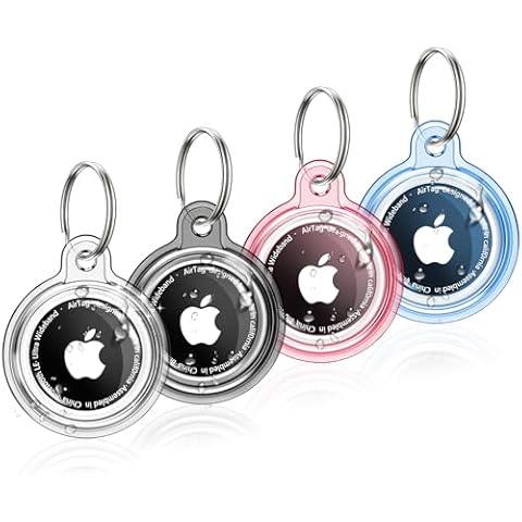 MOZOTER 4 Pack Airtag Holder,Air Tag Case with Keychain,Lightweight Anti-Scratch, Easy Installation,Shockproof & Dustproof for Pet Tracking, Bags,Luggage,Keys,Kids,Pet Collar(Black+Clear+Blue+Pink) Cover