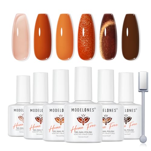 Modelones Esmaltes Semipermanentes para Uñas en Gel, Cat Eye Naranja Marrón 6 Colores Hema-free Pintauñas Semipermanentes Uñas de Gel UV LED en Gel Nail Polish Esmalte Uñas para Manicura