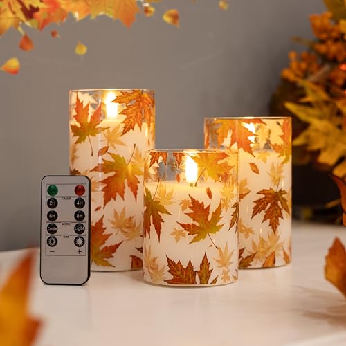 Image of Fall Flameless Candles with Remote, Autumn Maple Leaf Battery Candles | Set of 3 LED Glass Candles with Timer Battery Powered Pillar Candles Thanksgiving Decor Electric Fake Candles Mantel