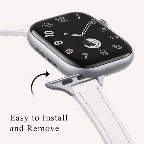 Image of STIROLL Slim Leather Bands Compatible with Apple Watch Band 49mm 46mm 45mm 44mm 42mm(Series 3 2 1), Top Grain Leather Watch Thin Wristband for iWatch Ultra SE Series 11 10 9 8 7 6 5 4(White Silver)