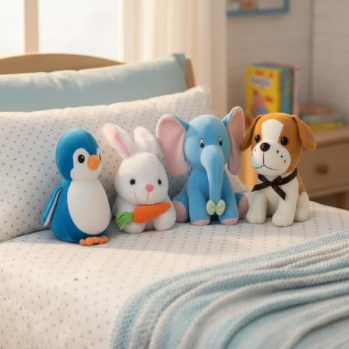 Image of Pack of 4 Elegant Soft Toys for Baby Boys /Girls Stuffed Animal Plush Toy Set - Penguin, Rabbit, Blue Elephant, New Dog
