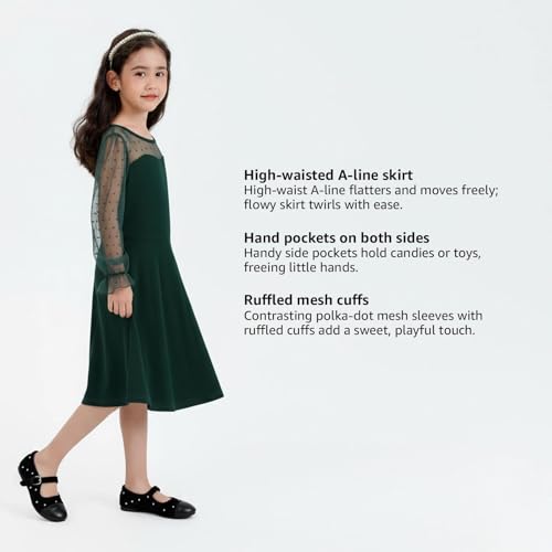 Little Bitty Girls Polka Dot A-Line Midi Dress with Pockets, Contrast Mesh Long Sleeve Sweetheart Neckline Dark Green 10-11Y — view 5
