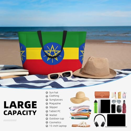 Large Capacity Beach Bag Waterproof Pool Tote for Gym Swimming Camping Carry On Bag Flag of Ethiopia Print2