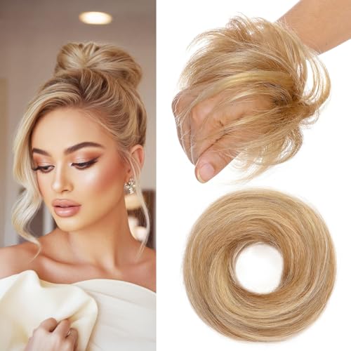 MY-LADY Real Hair Scrunchies for Women Human Hair Accessories #12/613 Golden Brown Mix Bleach Blonde Straight Neat Bun Extensions Elastic Hairpiece Donut Chignons 17g