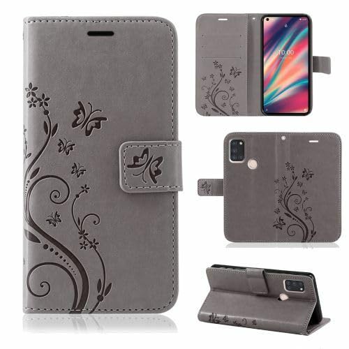 betterfon Étui de protection, compatible avec Wiko View 5/View 5 Plus, en cuir synthétique, portefeuille, pour View 5/View 5 Plus, motif de fleurs, gris