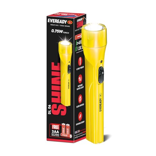 Image of Eveready DL06 Shine, 0.75W Emergency Torch with 1KM Beam, Durable ABS Body, Slide Switch, Built-in Wrist Sling, Powered by 3xAA Batteries