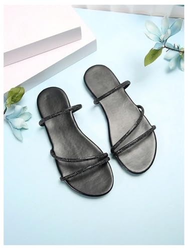 GORGLITTER Women's Rhinestone Strappy Sandals Dress Open Toe Flat Slip on Slide Sandal3