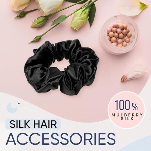 Image of Blissy Silk Scrunchies (3 Pack) - 100% Pure Mulberry Silk - 22 Momme 6A High-Grade Fibers Scrunchie for Straight & Curly Hair (Black /Gold /Pink, Skinny)