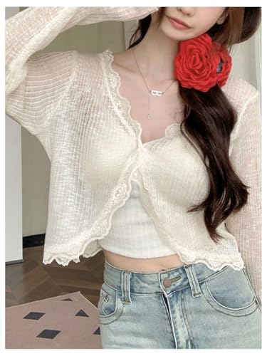 GORGLITTER Women's Button Up Cropped Cardigan Open Front Lightweight Long Sleeve Lace Coquette Sweater2