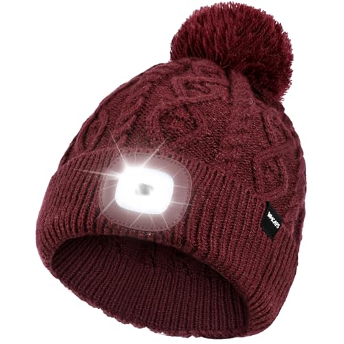 Wmcaps Mütze mit LED Licht Damen, Wiederaufladbare Type-C Strickmütze Bommelmütze mit 4 LED-Lichtern, Pudelmütze Leuchtmütze mit Lampe, Geschenkte Geschenk für Männer und Frauen, Burgunderrot