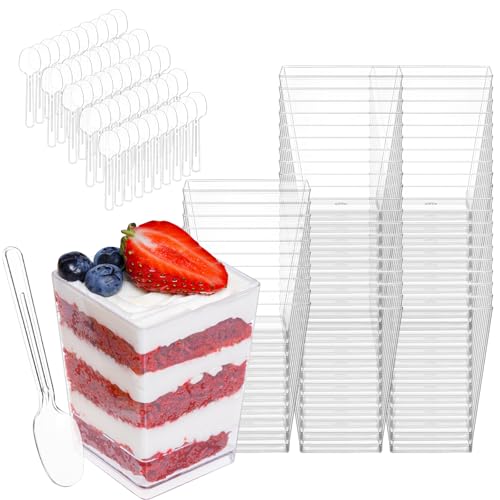 LUXECOVE 50 Puddingbecher mit 50 Löffeln, 160 ml transparente Dessertbecher, Puddingbecher eignen sich zur Herstellung von Dessertpudding Tiramisu, wiederverwendbar