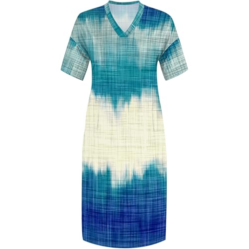 Image of Women Casual T-Shirt Dress V Neck Short Sleeve Solid Color Oversize Dress with Front Two Pockets