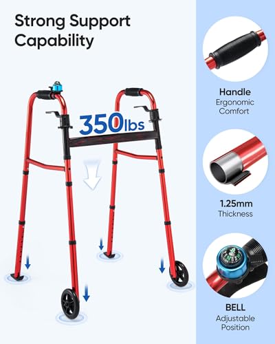Narrow Walker with Storage Bag for Seniors and Adults (Red)  
Height Adjustable Lightweight Folding Walker Up to 350 lbs