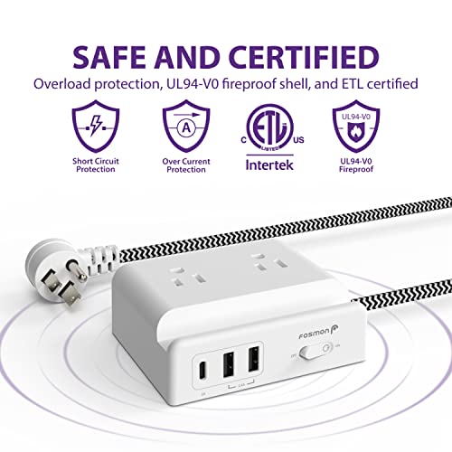 Fosmon Desktop Power Strip With 4 Outlets 3 Usb With 5Ft Braided Extension Cord Flat Plug, Usb C Desk Charging Station, Mountable, Non Surge Protector For Travel, Cruise Ship, Etl Listed #TOP4