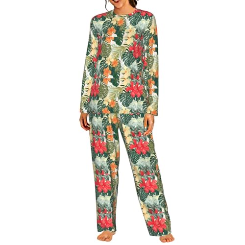 Pyjama assorti doux contre la peau ensemble nuit manches longues fleurs hibiscus