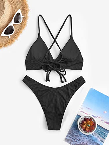 Zaful Women's Sexy Brazilian Triangle String Bikini Set Ribbed Lace Up Two Piece Swimsuit Padded High Cut Cinched Bathing Suit Black M #TOP1