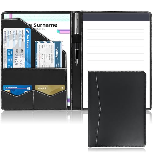 NEWYES A4 Conference Padfolio Organizer Premium Faux Leather Executive Interview Folder Document Wallet & Resume Case with Pen Holder for Business Women & Men (Black)