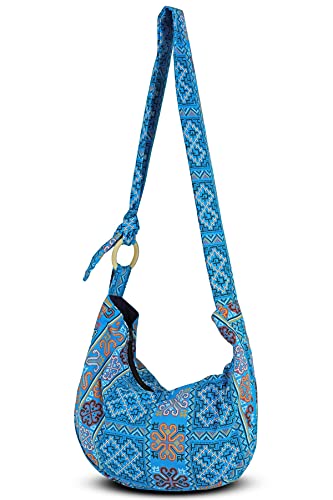 Image of Hobo Crossbody Bag for Women - Handmade Cotton Boho Purse with Wooden Ring | Lightweight Slouchy Shoulder Sling Tote Bag