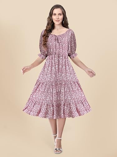 Image of Toochki Women's Maroon Muslin Floral Fit & Flared Western Dress | Dress for Women | A line Dress | Winter Dress | Western Dress | Women Dress | Trendy Dress | Midi Dress