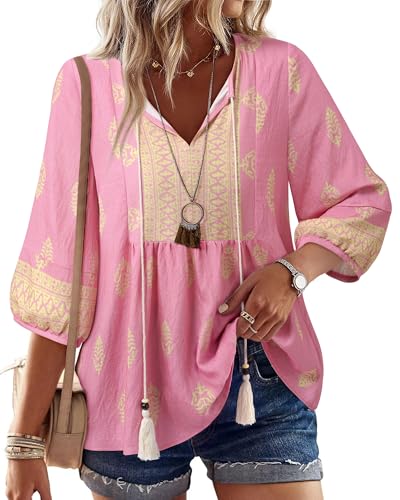 Image of Vivilli Womens Summer Boho Babydoll Tops 3 /4 Sleeve Pleated Peplum Blouses Casual V Neck Tie Front 2026 Tunic Tops