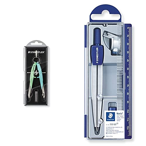 Staedtler Mars 556 00 Pa1, Compás Geométrico De Precisión Con Husillo Y Ajuste Mediante Rueda Central + Noris Club 550, Set De Dibujo Estuche, Compás Escolar, Adaptador Y Tubo De Minas