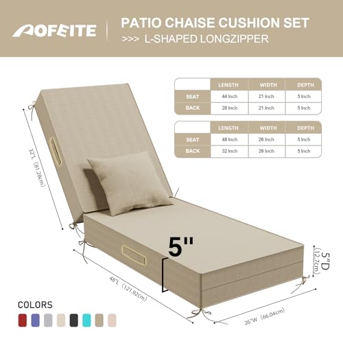 AOFEITE Outdoor Water-Resistant Olefin Chaise Lounge Cushions with Pillow, Weather and Fade Resistant Patio Furniture Lounge Chair Cushion Ideal for Patio, Lawn, Garden, Beige, 80" L x 26" W x 5" T by AOFEITE - Image 3